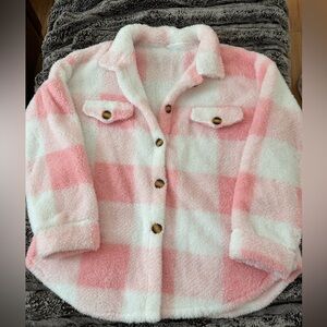 Pink and White Fluffy Plaid Fleece Jacket size 2XL